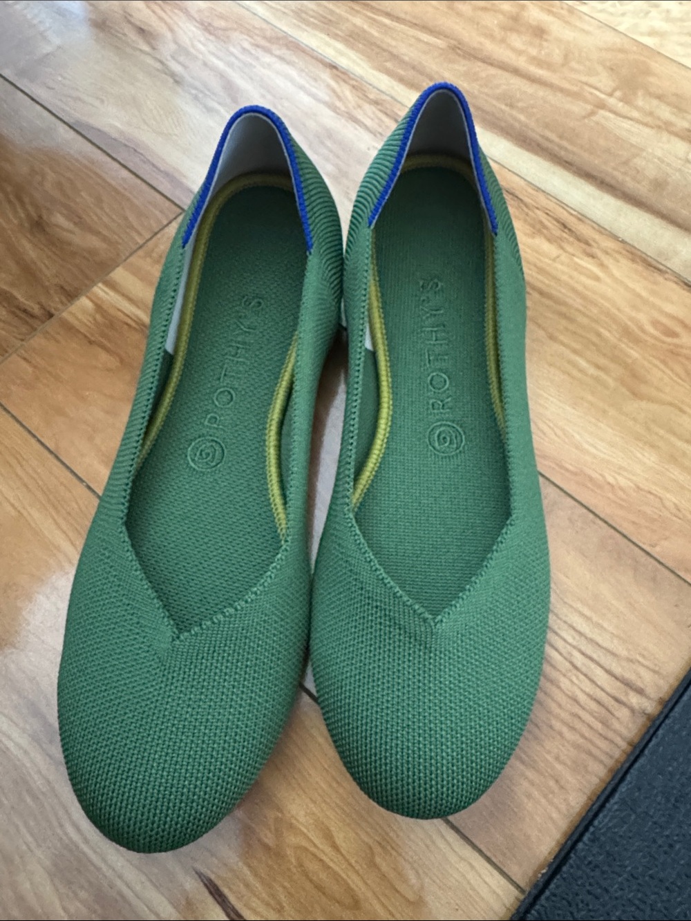 Rothy's Green Knit Ballet Flats with Blue Heel Trim